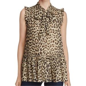Kate Spade Womens Size L Leopard Clipped Dot Silk Tie Neck Sleeveless Top Blouse